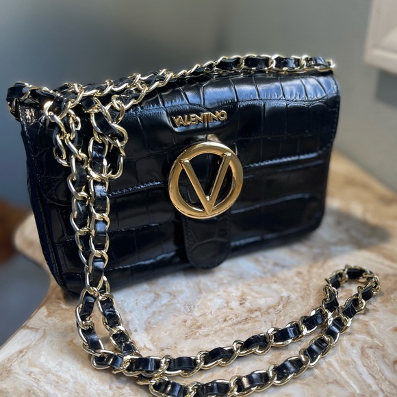 Valentino Croc-Embossed Black and Gold Crossbody Bag - Picture 1 of 12